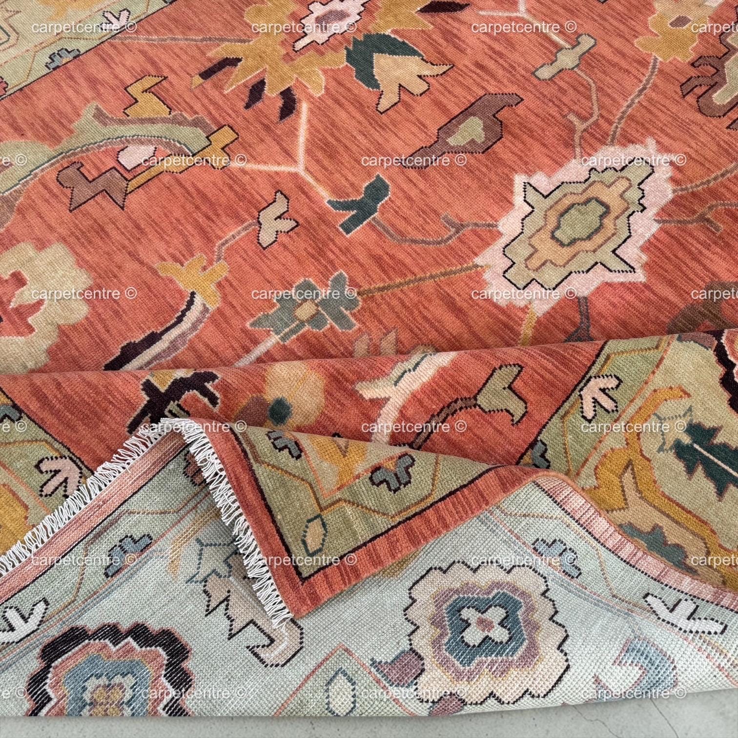 Hand-Knotted Wool Oushak Rug, Terracotta Floral, Sage Green Border, Farmhouse Style