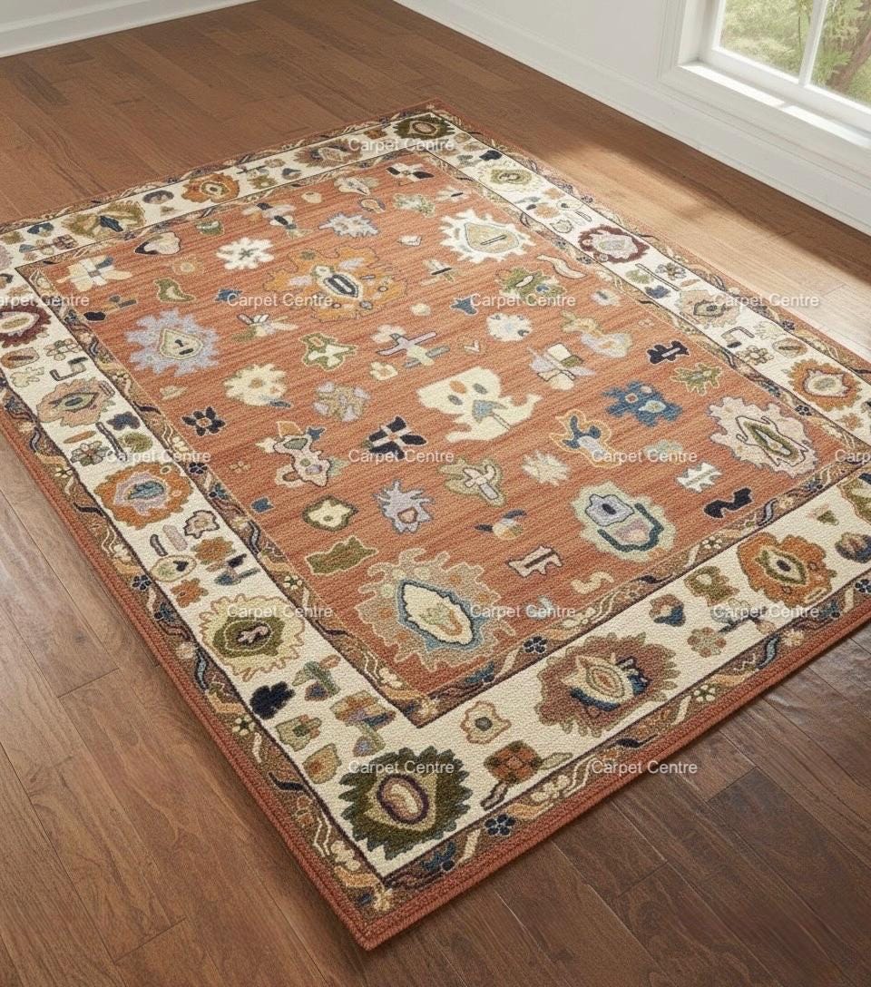 Terracotta Oushak Wool Rug, Hand-Knotted Boho Area Rug