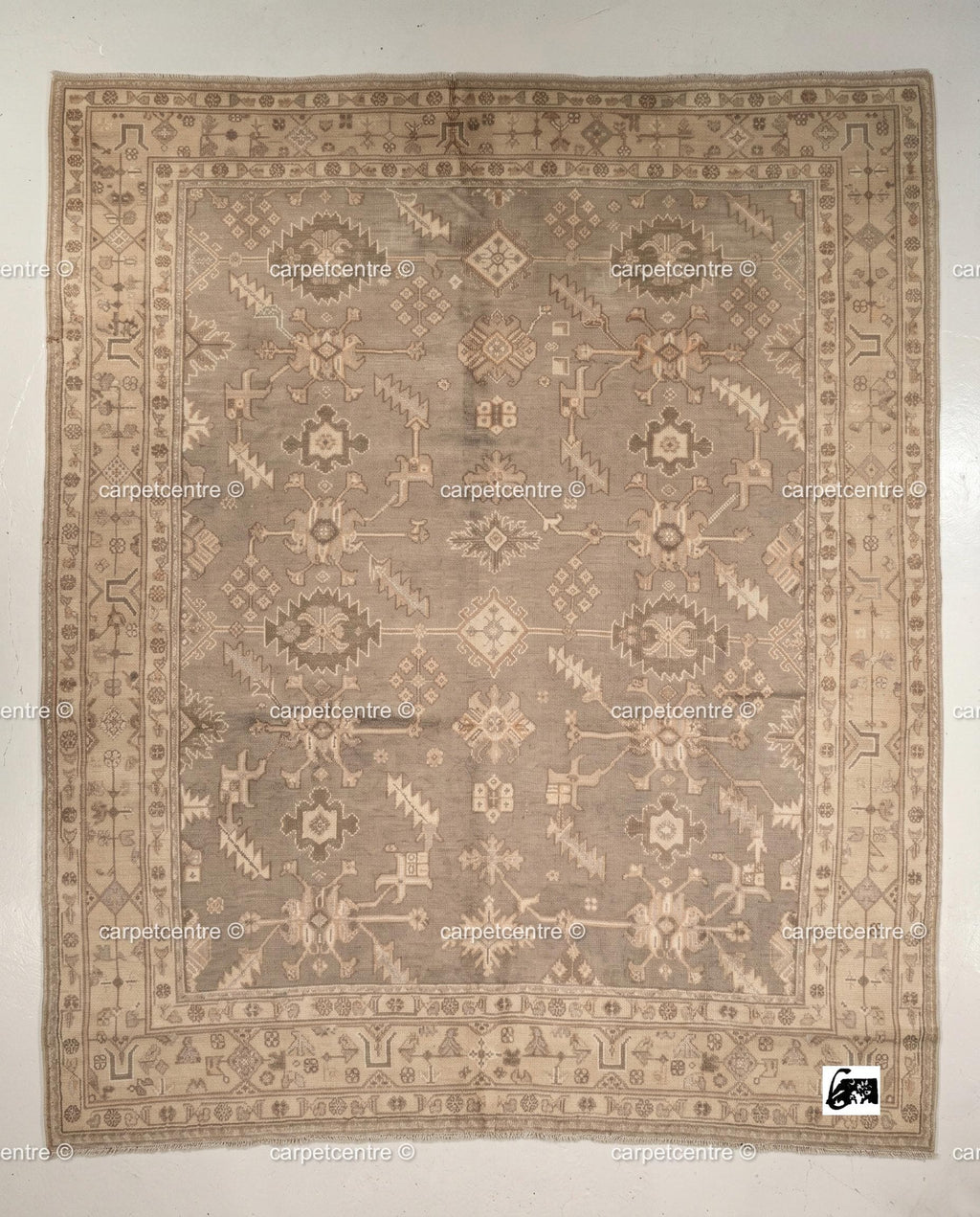Hand Knotted Oushak Wool Rug, Taupe Beige Vintage Anatolian Carpet, Neutral Farmhouse Area Rug
