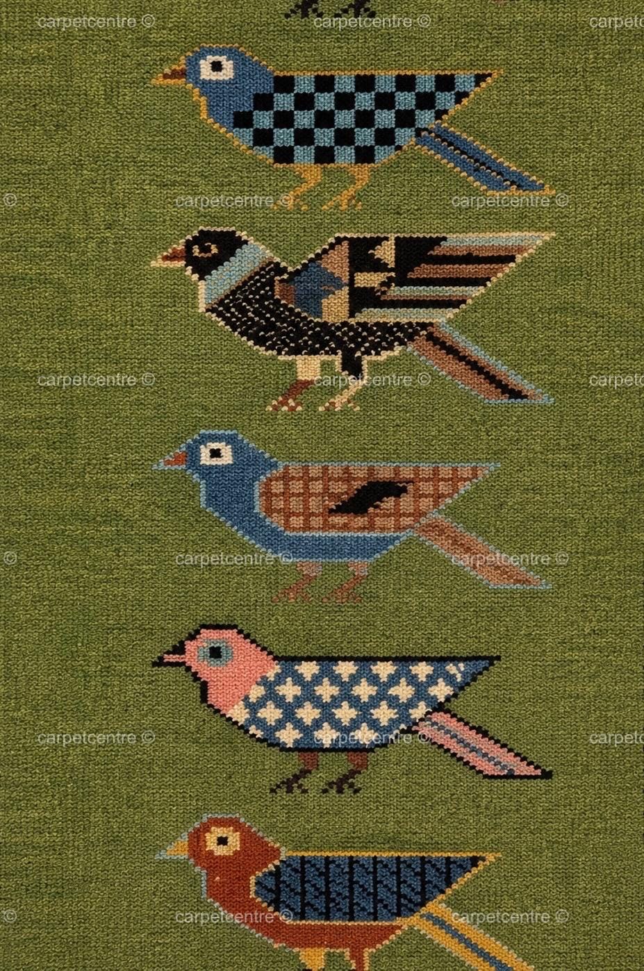Handmade Wool Folk Art Bird Runner Rug, Green Hallway Carpet, Turkish Knot Artisan Made