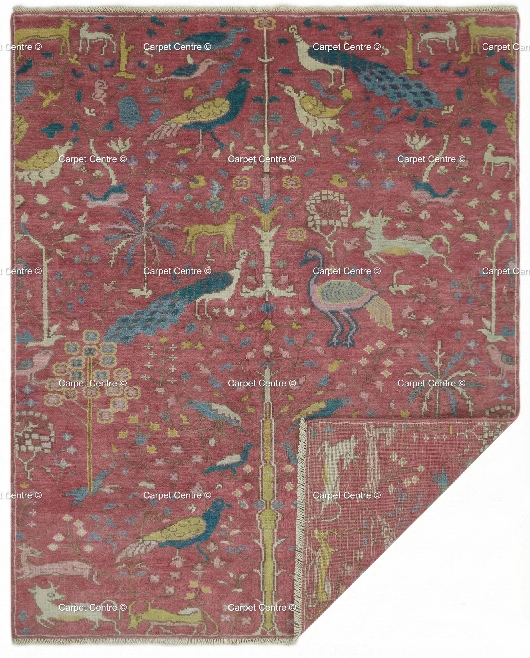 Pink Oushak Rug, Hand Knotted Wool Tree of Life Animal Rug