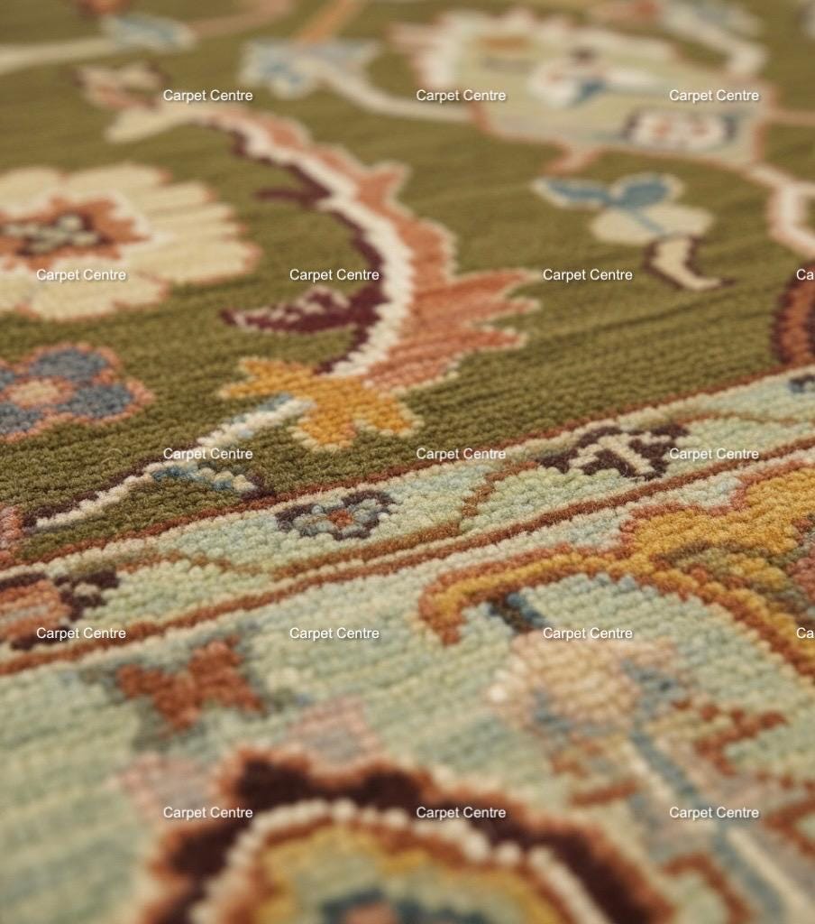 Hand Knotted Wool Rug, Olive Green Floral Carpet, Oriental Area Rug