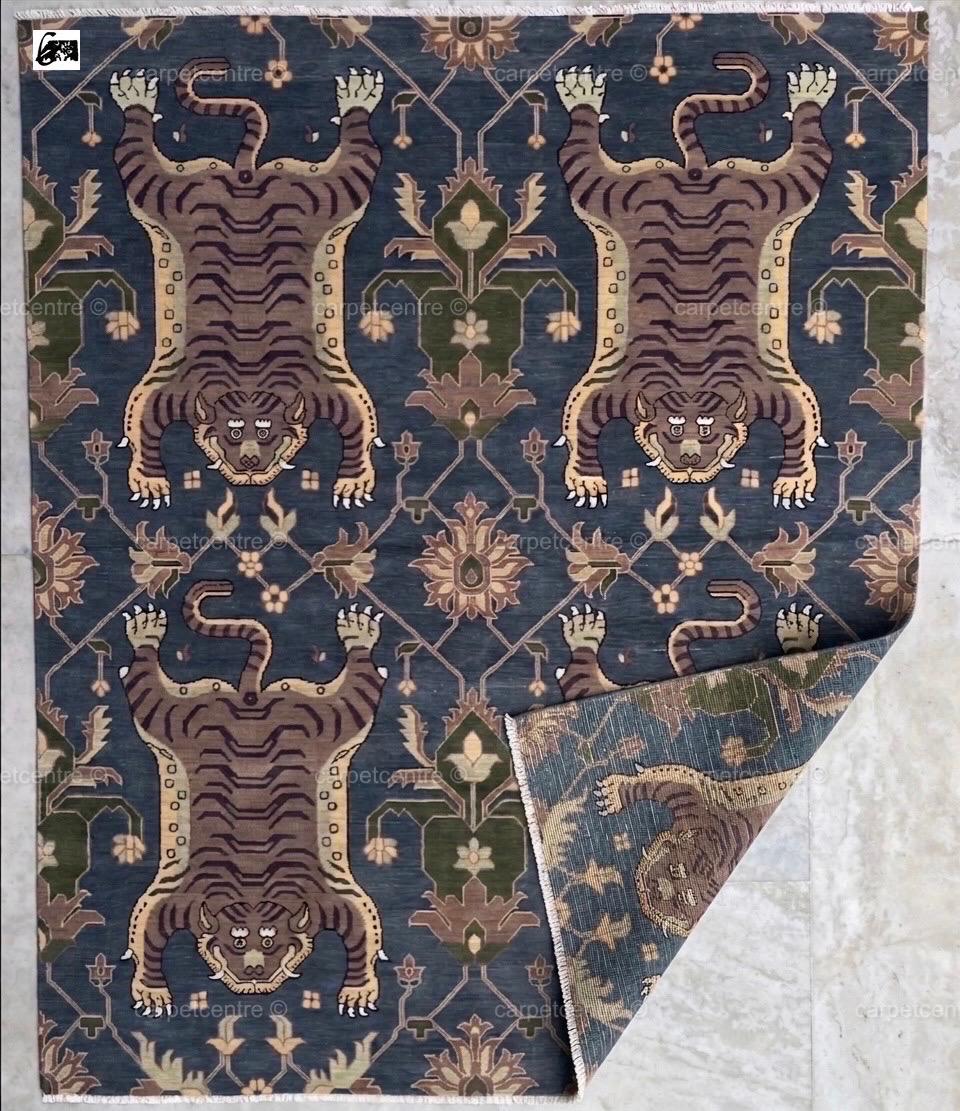 Tibetan Tiger Oushak Rug | Blue Hand-Knotted Wool Area Rug | Maximalist Boho Carpet