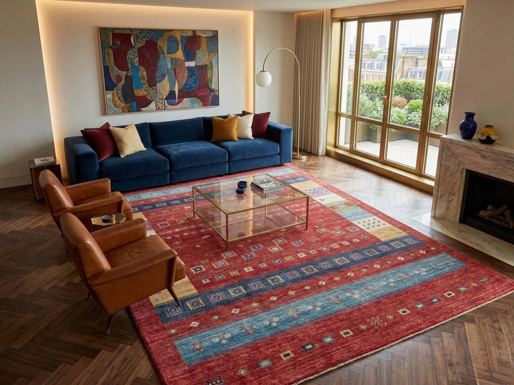 Hand-Knotted Bamboo Silk Rug | Red Geometric Tribal Gabbeh Carpet (7'5"x5'9")