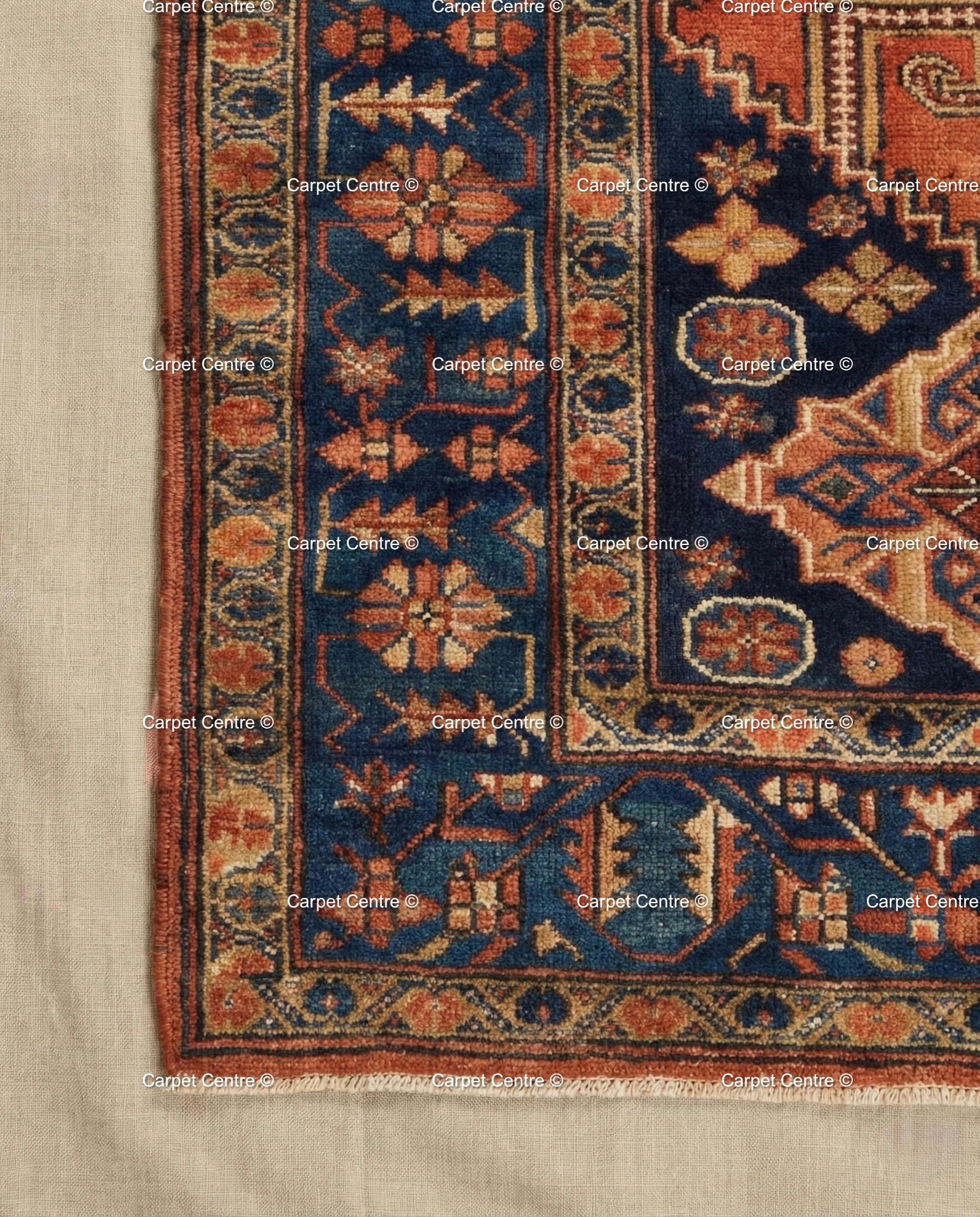 Terracotta Oushak Wool Rug, Rust Orange & Navy Blue, Hand Knotted