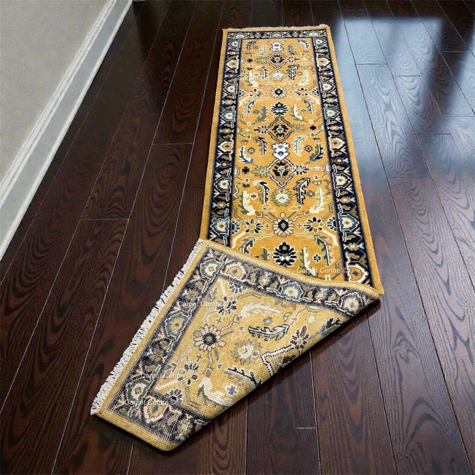 Yellow Oushak Hand-Knotted Wool Runner, Traditional Persian Style Navy Border Rug