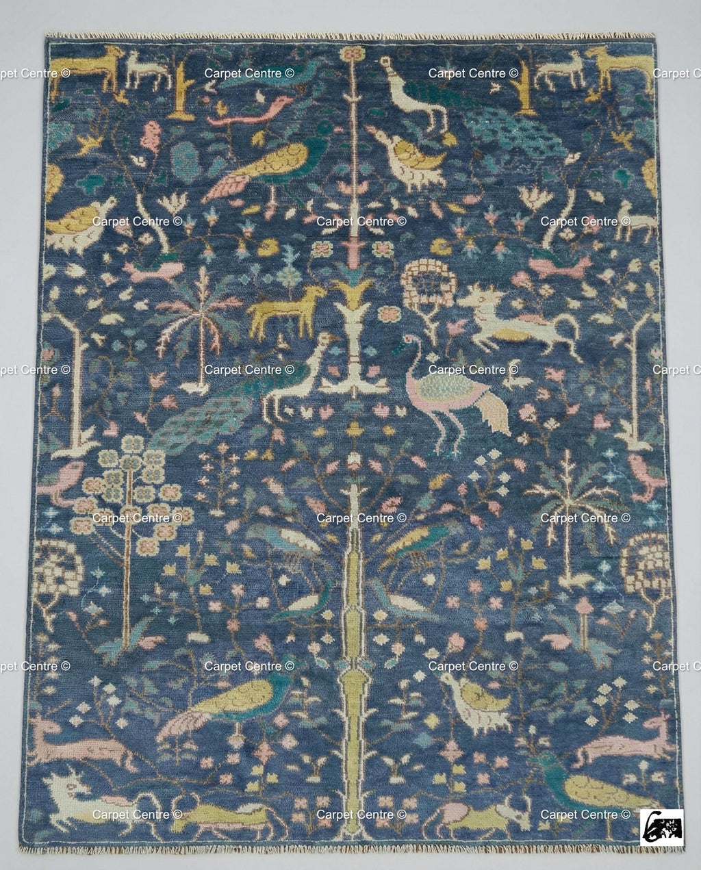 Navy Oushak Wool Rug, Hand-Knotted Tree of Life Animal Design, Boho Decor