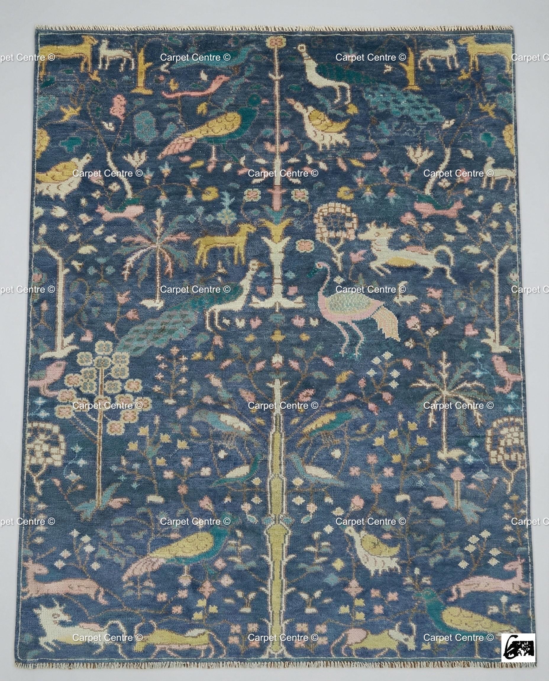 Navy Oushak Wool Rug, Hand-Knotted Tree of Life Animal Design, Boho Decor