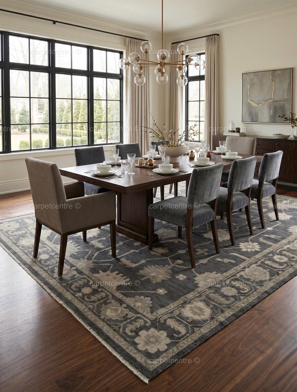 Hand Knotted Oushak Rug | Dark Grey Beige Floral Wool Turkish Area Rug