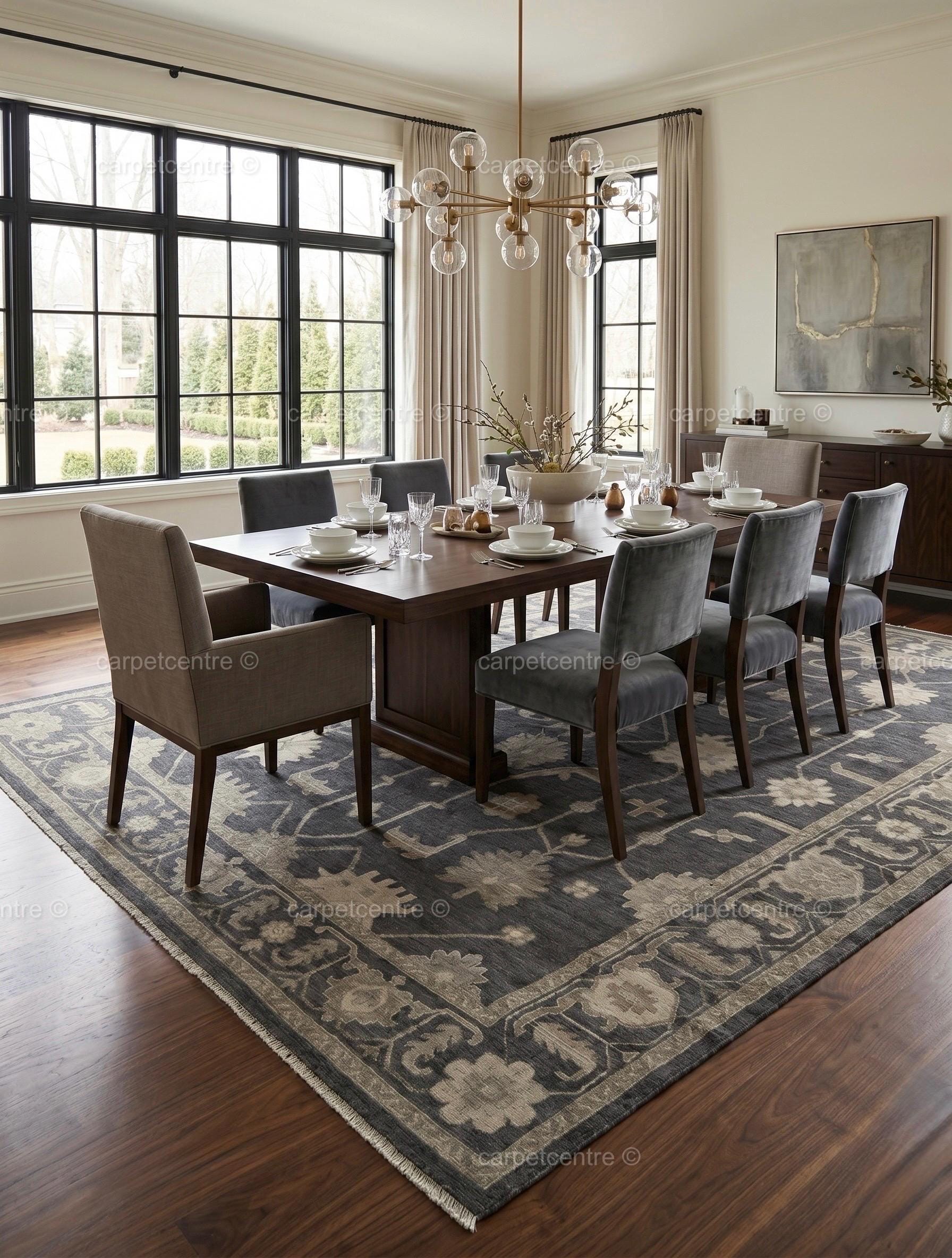Hand Knotted Oushak Rug | Dark Grey Beige Floral Wool Turkish Area Rug