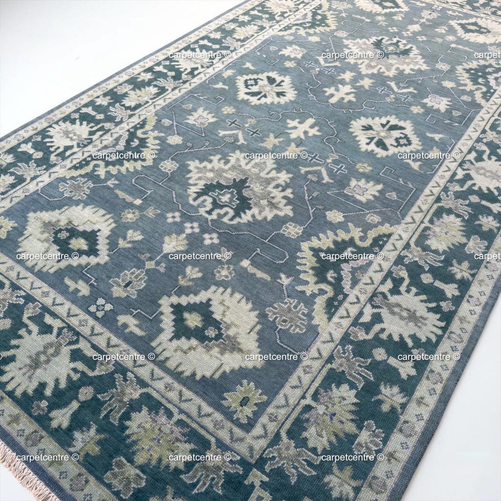 Muted Blue Oushak Rug | Vintage Geometric Turkish Wool Area Rug