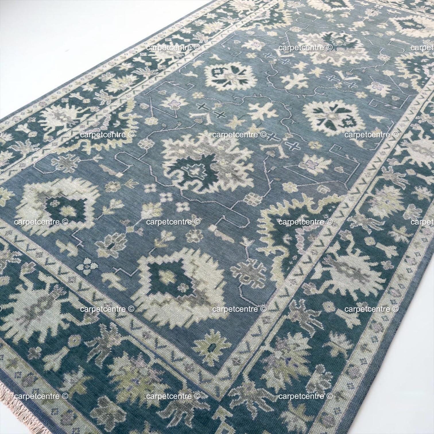 Muted Blue Oushak Rug | Vintage Geometric Turkish Wool Area Rug