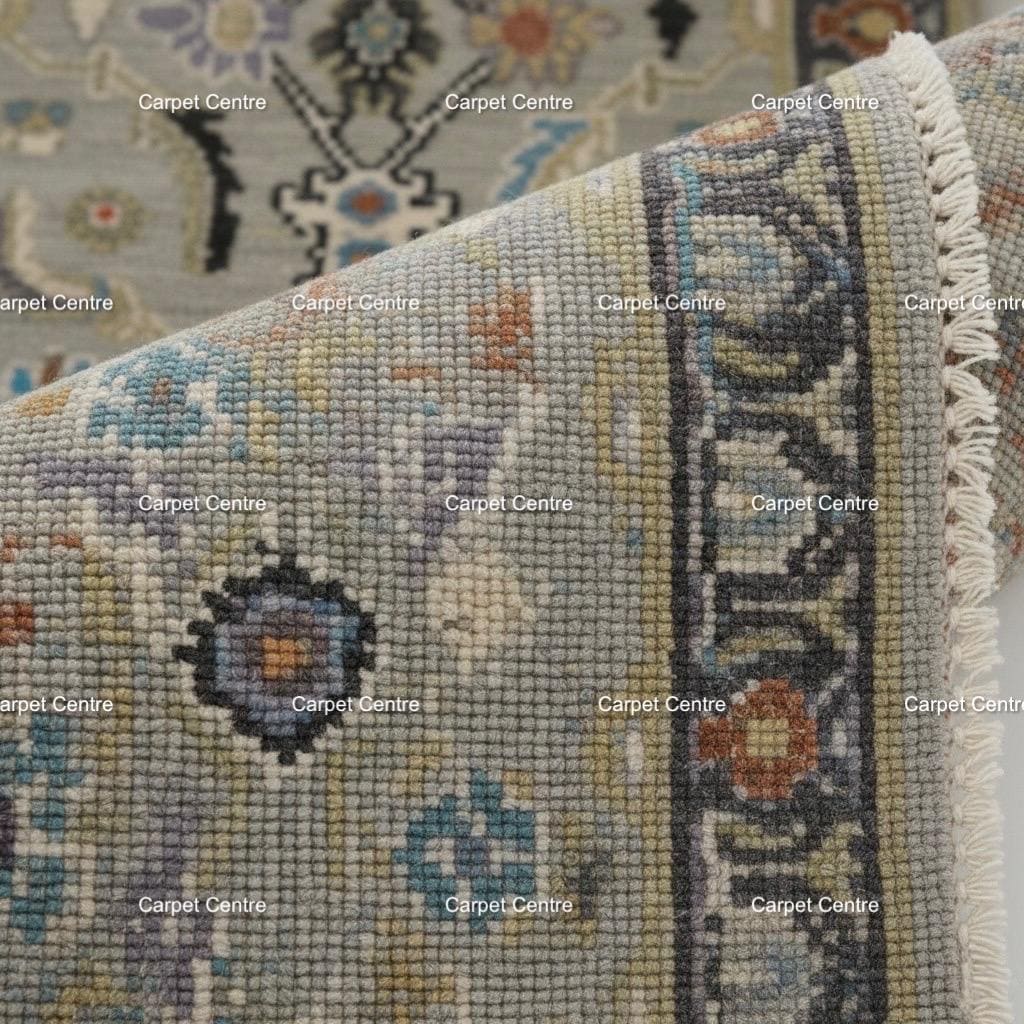 Hand-Knotted Oushak Wool Runner Rug: Neutral Sage Green Medallion Design