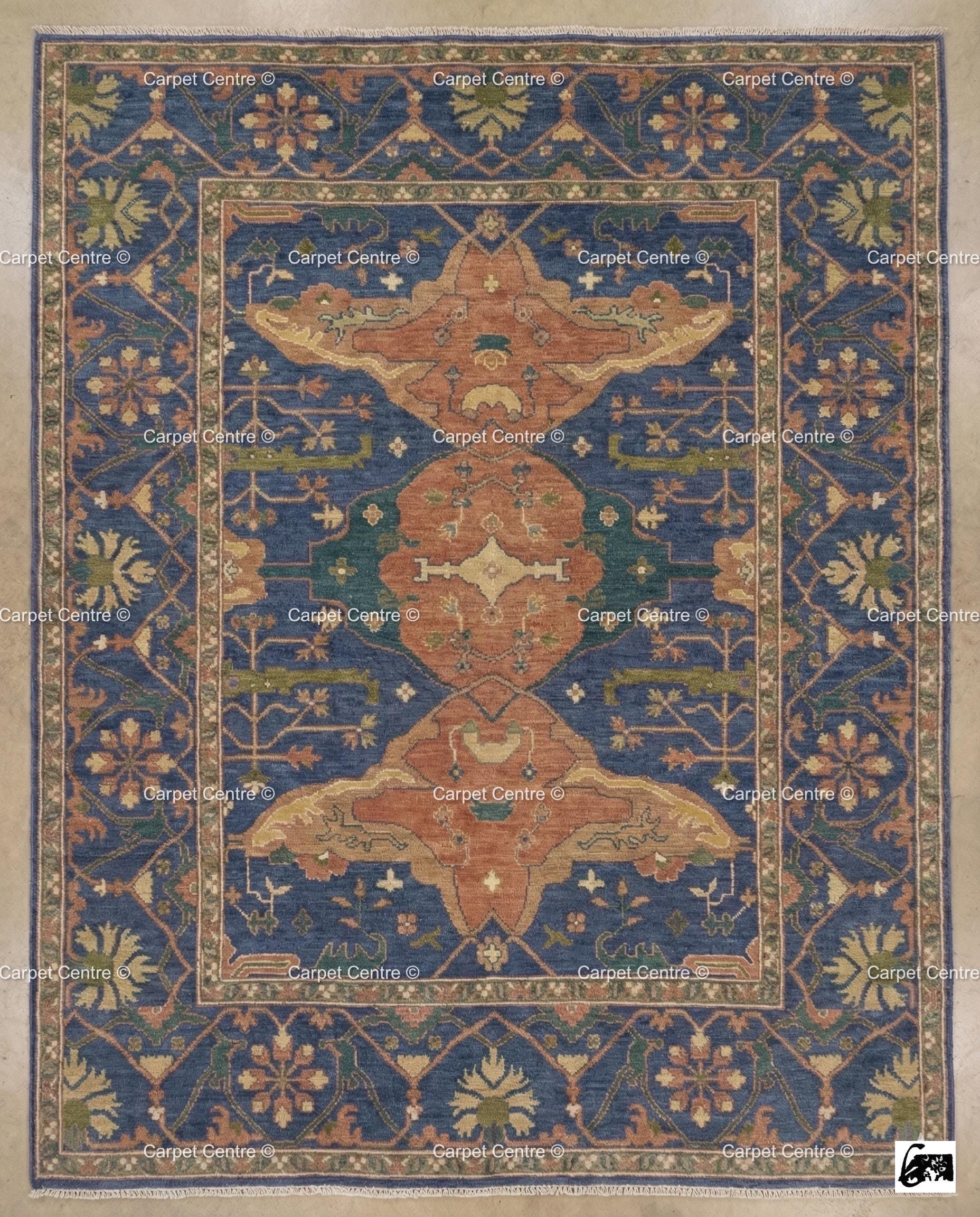 Hand Knotted Wool Oushak Rug, Geometric Serapi Style, Coastal Farmhouse
