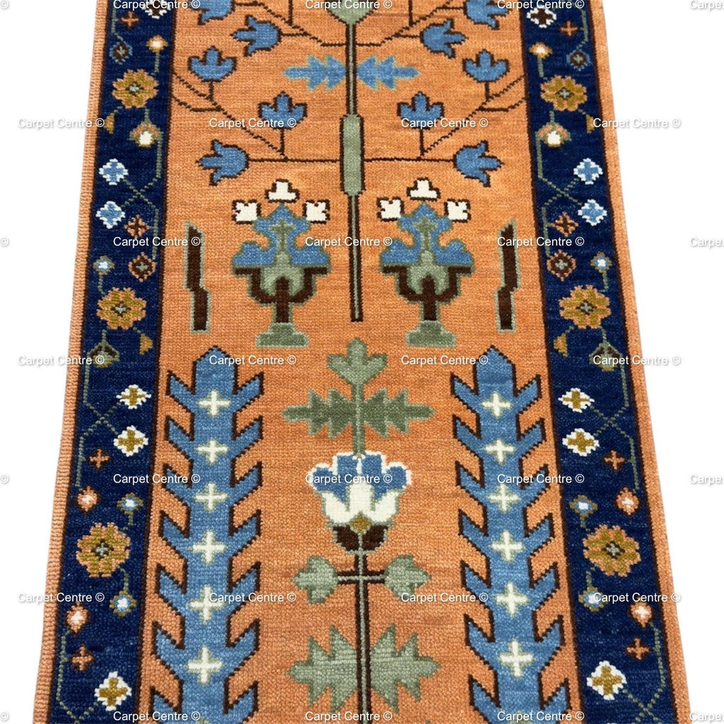 Hand-Knotted Terracotta Oushak Hallway Runner Rug, Handspun Wool Tree of Life, Navy Border