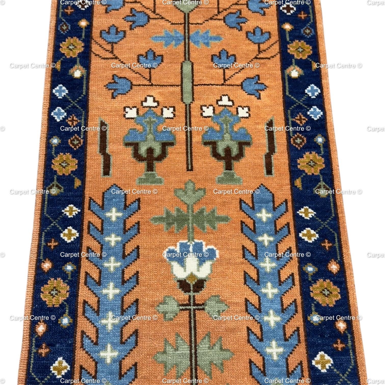 Hand-Knotted Terracotta Oushak Hallway Runner Rug, Handspun Wool Tree of Life, Navy Border