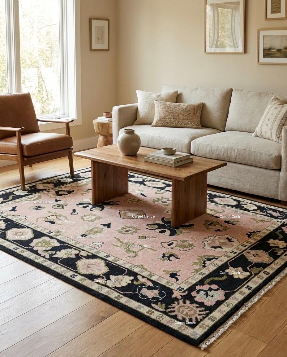 Hand Knotted Wool Oushak Rug, Blush Pink Geometric Floral, Black Border