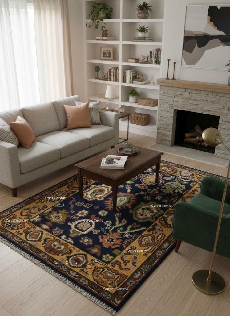 Navy Blue Oushak Rug, Hand-Knotted Wool Rug, Gold Border