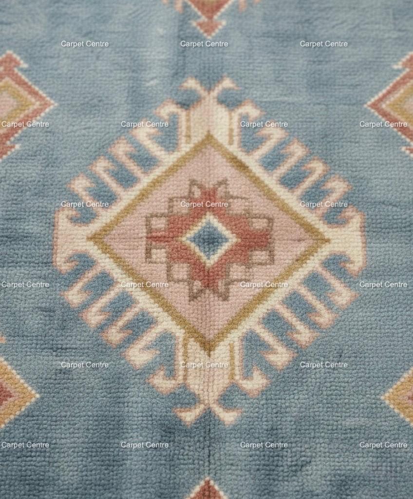 Hand-Knotted Wool Oushak Rug, Light Blue, Blush Pink Border
