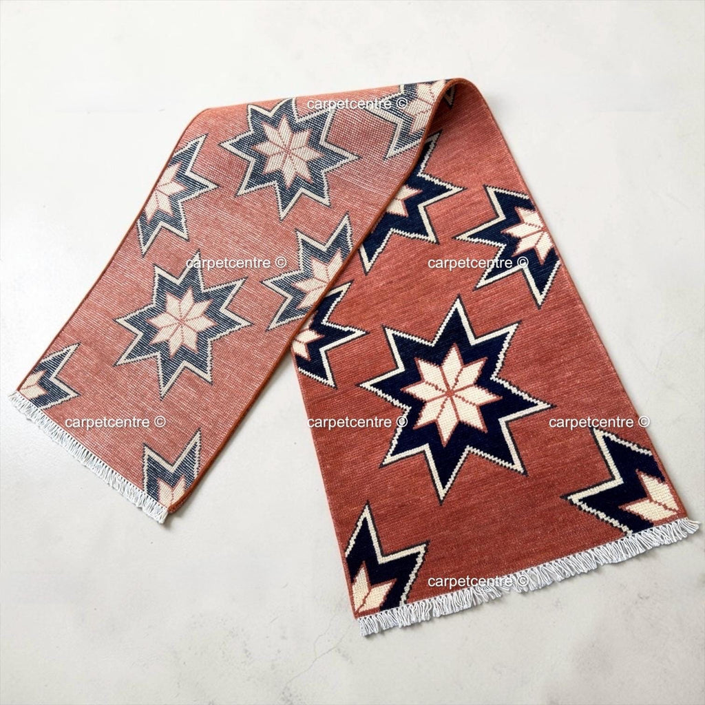 Terracotta Star Oushak Runner Rug | Geometric Navy Boho Hallway Entryway Rug