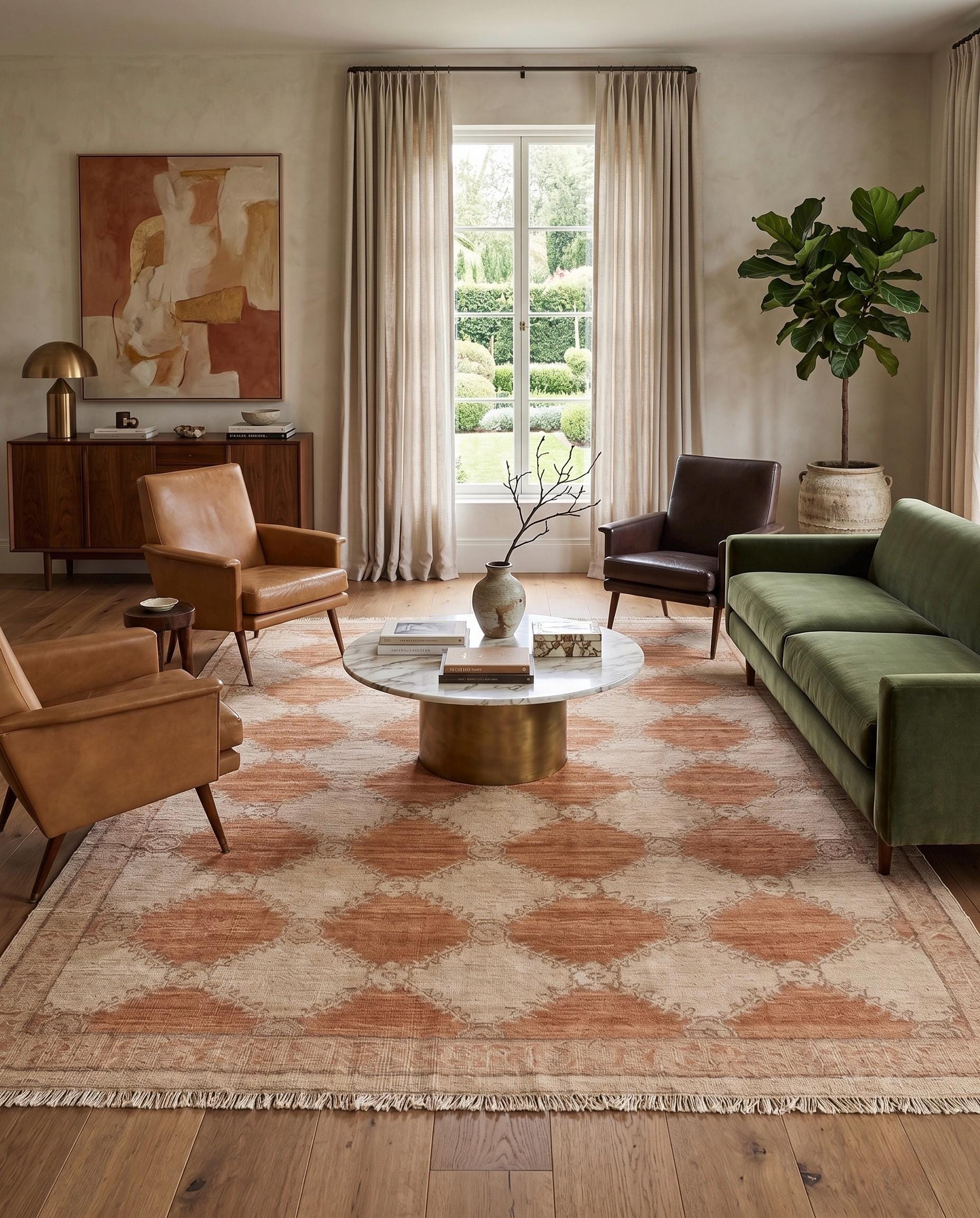 Muted Blue Oushak Rug, Hand-Knotted Wool Geometric Diamond Area Rug