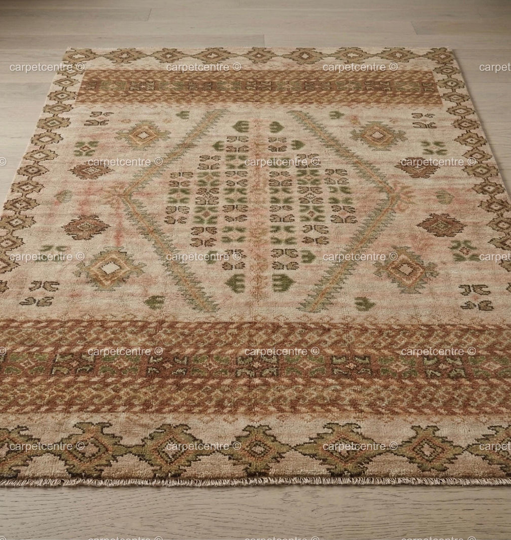 Hand-Knotted Oushak Rug: Muted Sage Green, Terracotta Wool Area Rug (8x10, 9x12)