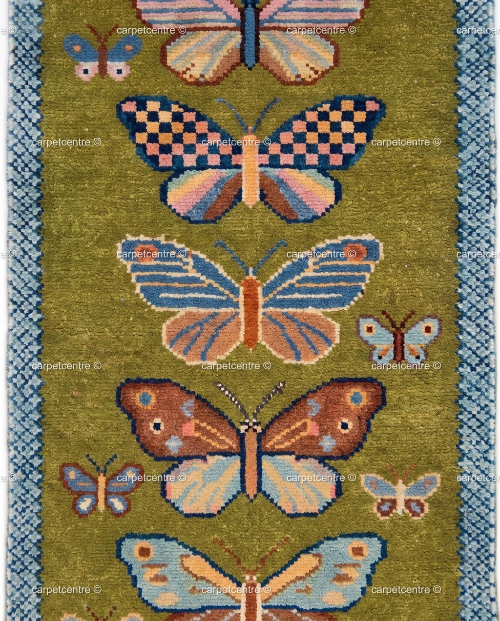 Handmade Wool Butterfly Runner Rug – Olive Green Insect Motif Carpet