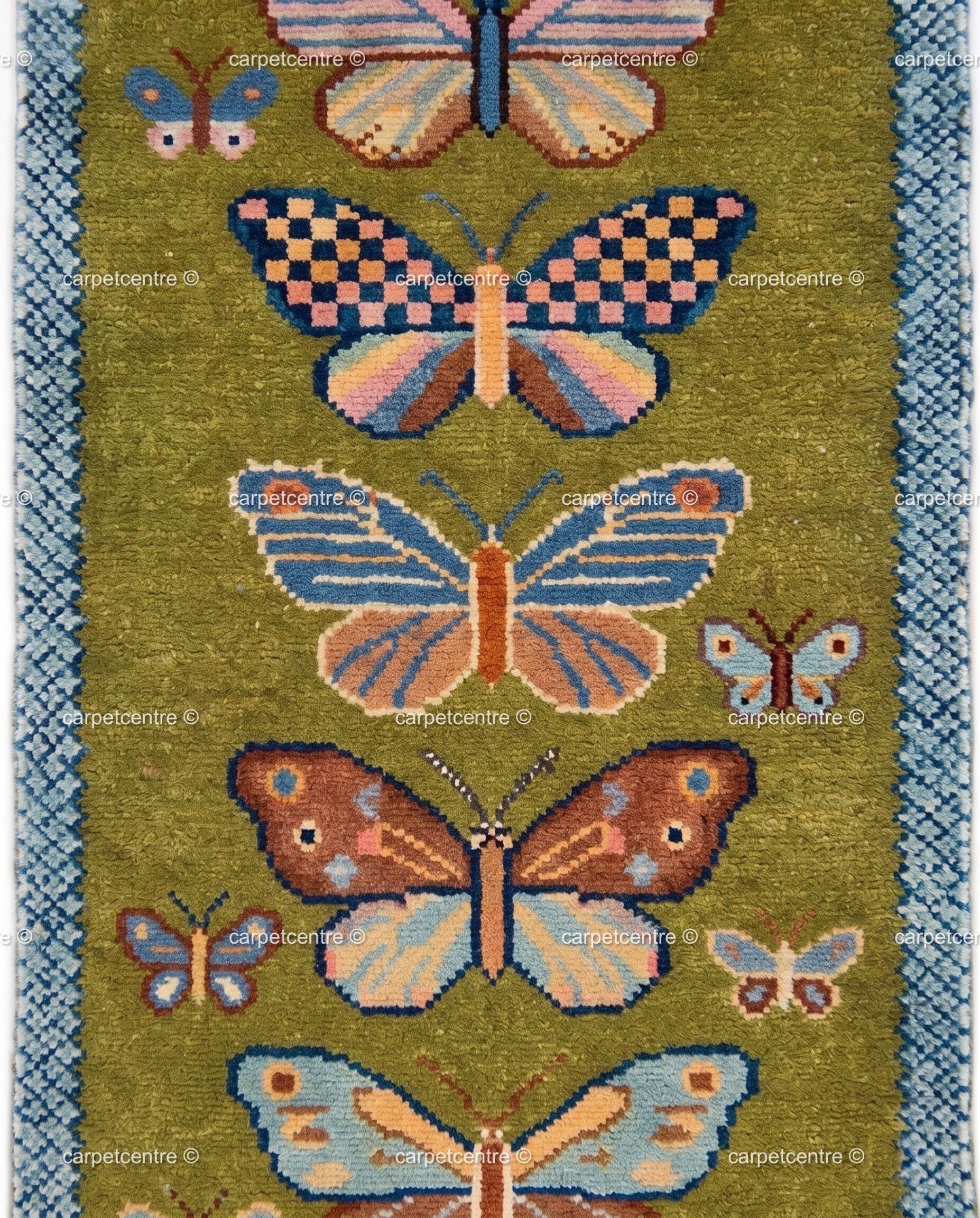 Handmade Wool Butterfly Runner Rug – Olive Green Insect Motif Carpet
