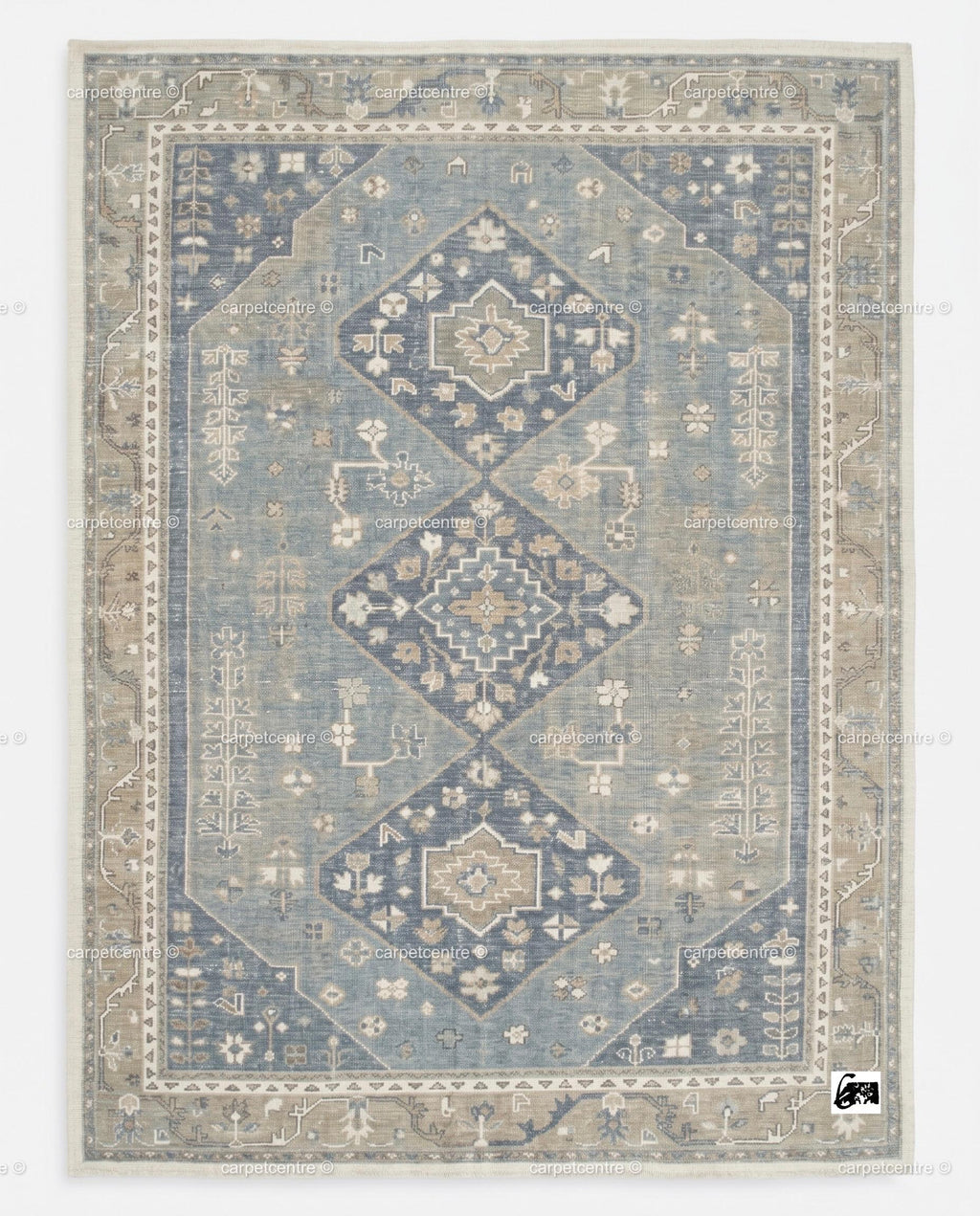 Hand Knotted Oushak Rug: Faded Blue New Zealand Wool Carpet (Custom Size)