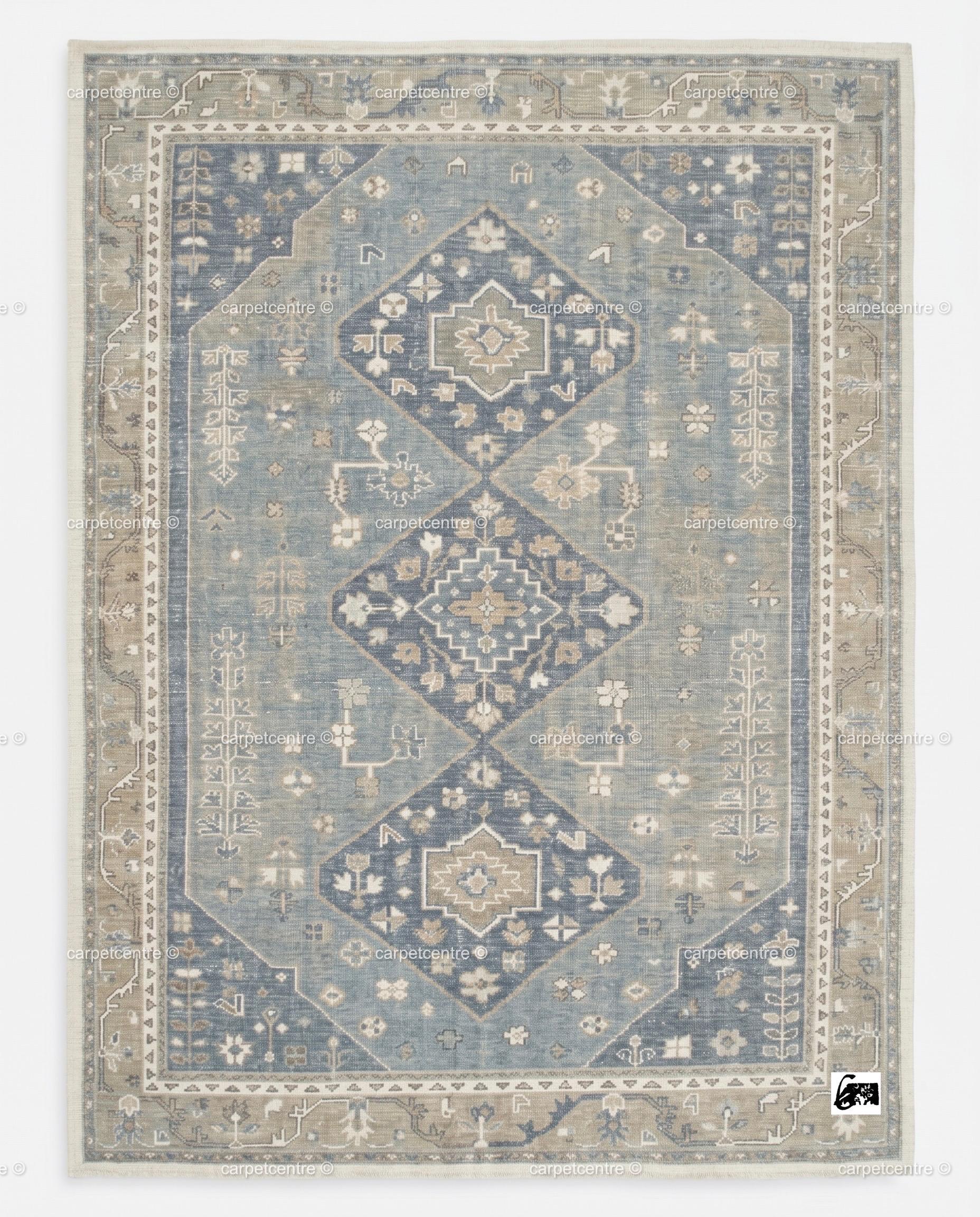 Hand Knotted Oushak Rug: Faded Blue New Zealand Wool Carpet (Custom Size)