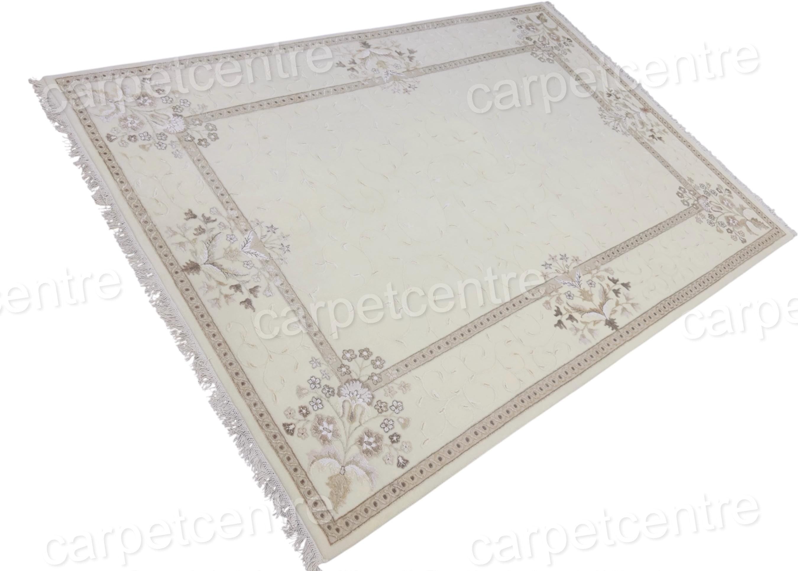 Handwoven Ivory Wool Rug: Vintage Persian Floral Art Silk