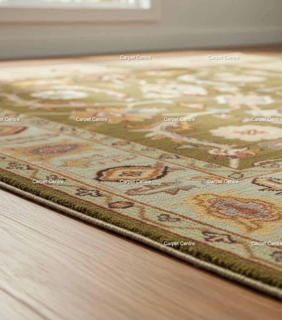 Hand Knotted Wool Rug, Olive Green Floral Carpet, Oriental Area Rug