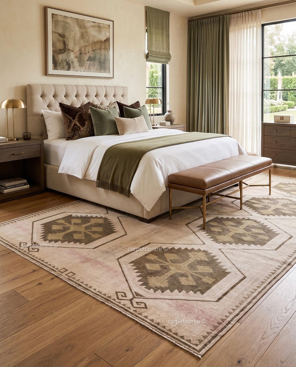 Hand-Knotted Wool Oushak Rug | Neutral Geometric Tribal Carpet, Beige Brown Style