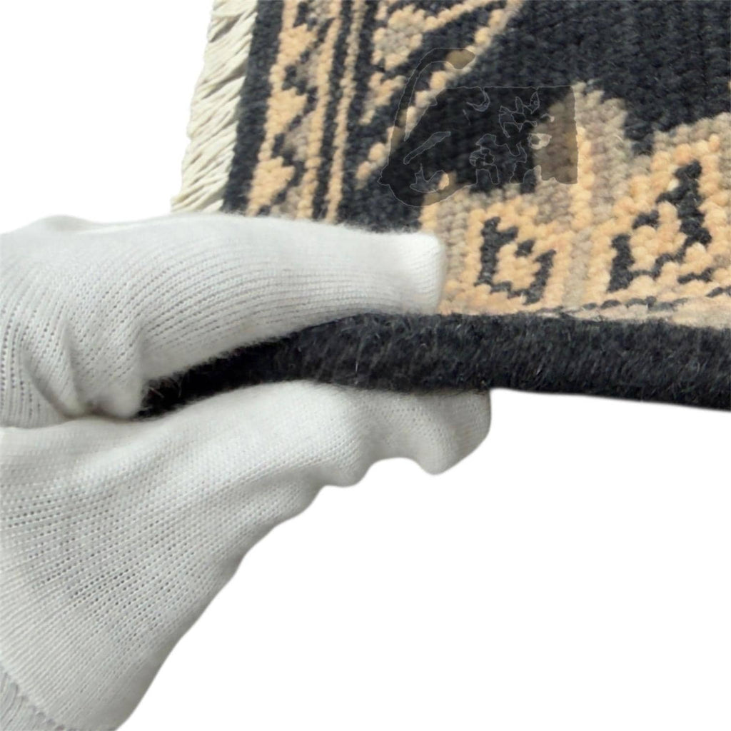 Hand-Knotted Oushak Wool Runner Rug, Black Geometric Design Hallway Entryway Carpet
