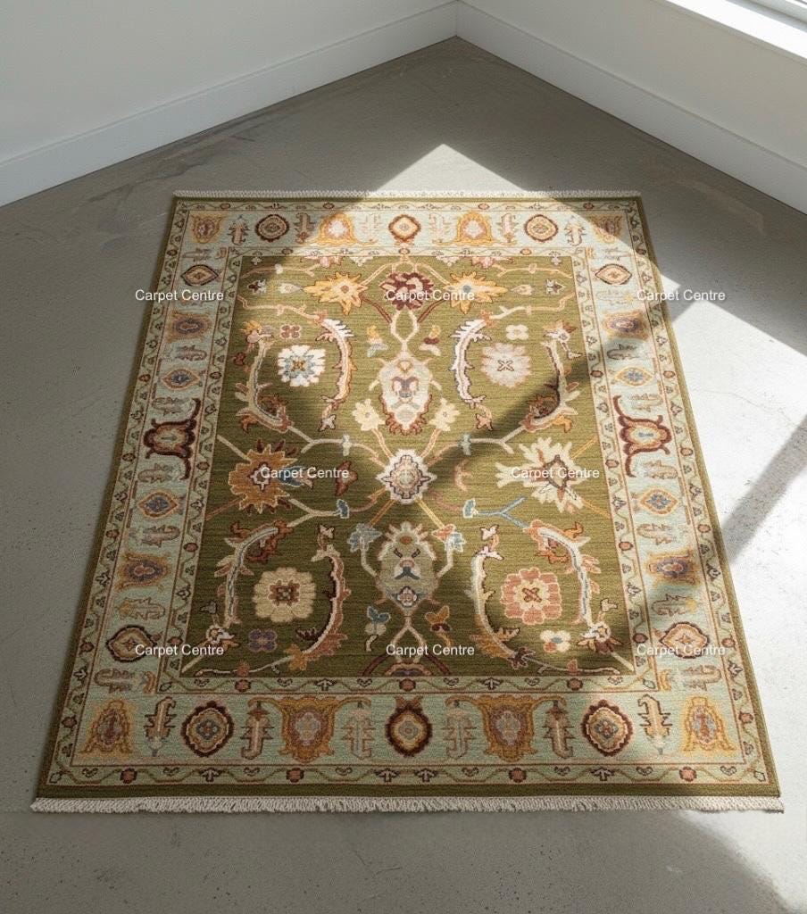 Hand Knotted Wool Rug, Olive Green Floral Carpet, Oriental Area Rug