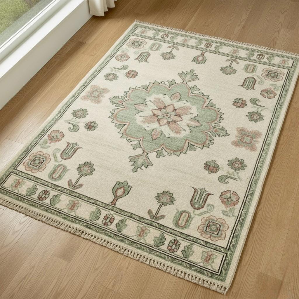 Hand-Knotted Oushak Wool Rug | Ivory, Sage Green Floral Medallion