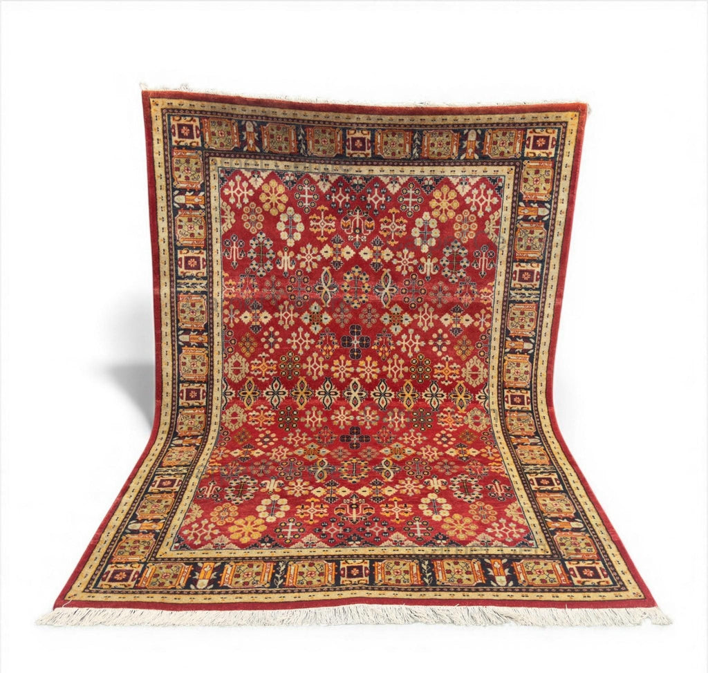 Red New Zealand Wool Rug: Hand-Knotted Geometric 5'7" x 7'10"
