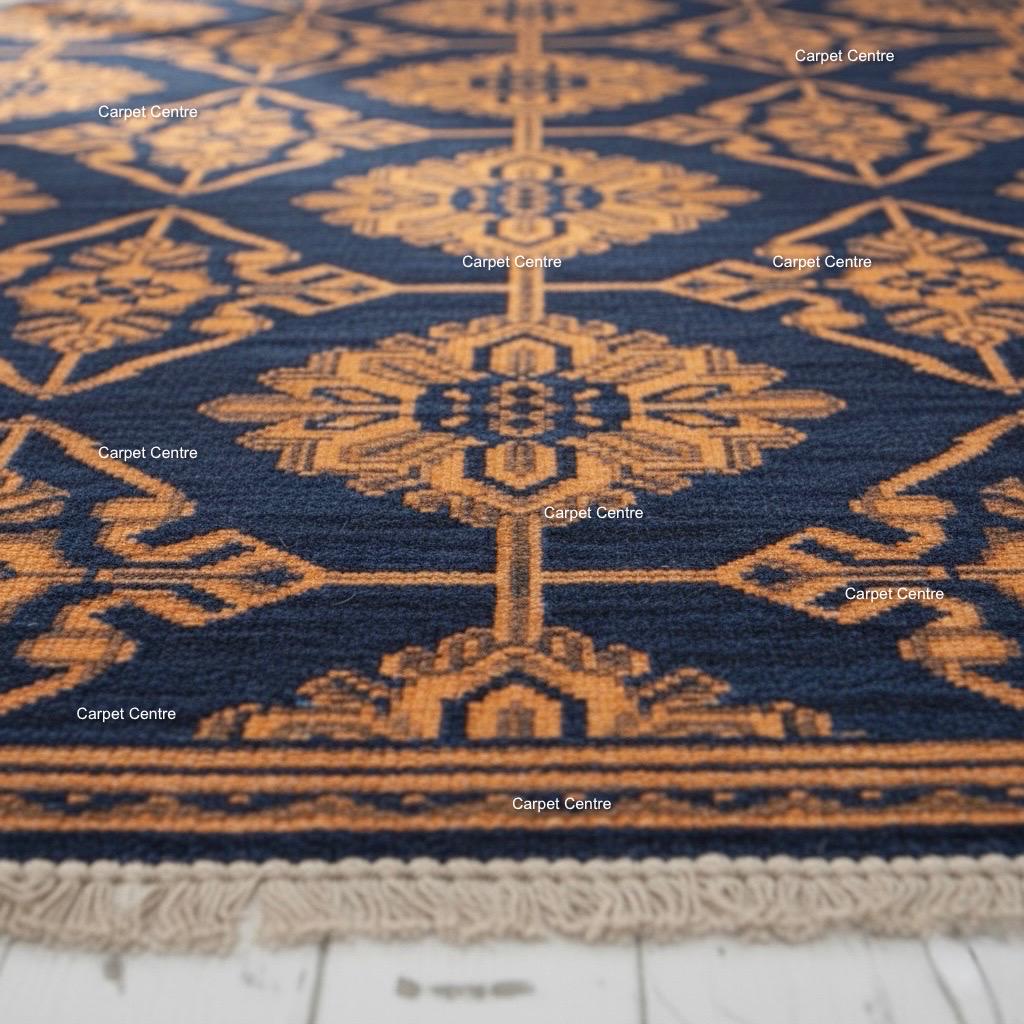 Navy Blue Gold Geometric Hand-Knotted Wool Runner Rug, 2x8 Entryway Hallway Carpet
