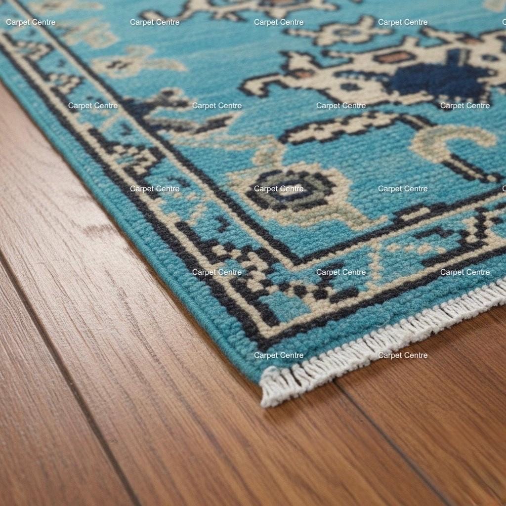 Teal Oushak Runner Rug, Hand-Knotted Wool, Tribal Geometric Design