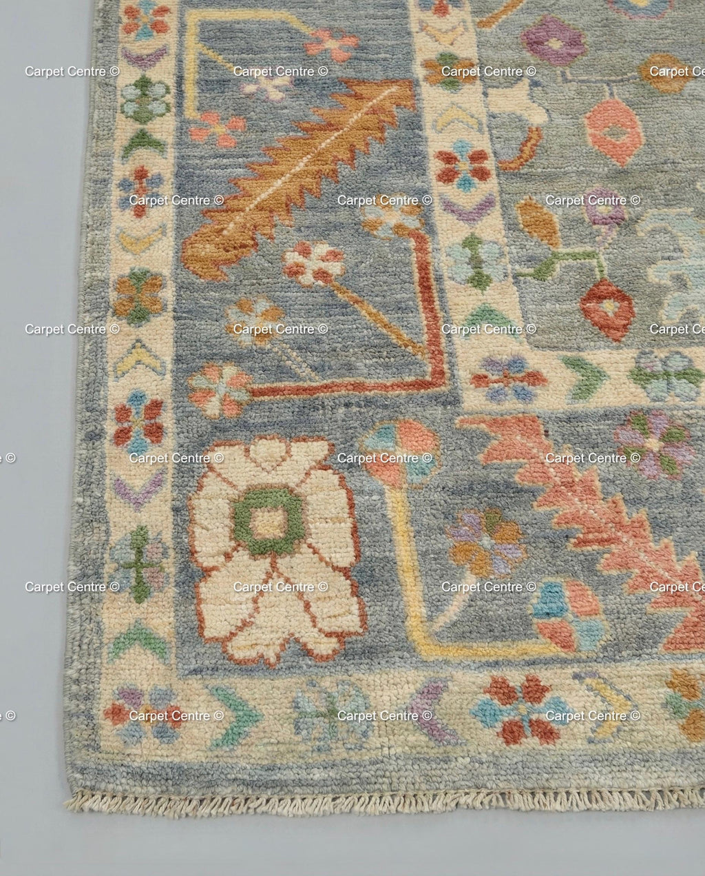 Hand Knotted Wool Oushak Rug, Slate Grey Floral Carpet