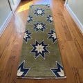 Moss Green Wool Runner Rug, Turkish Knot Star Design, Geometric Hallway Entryway Carpet