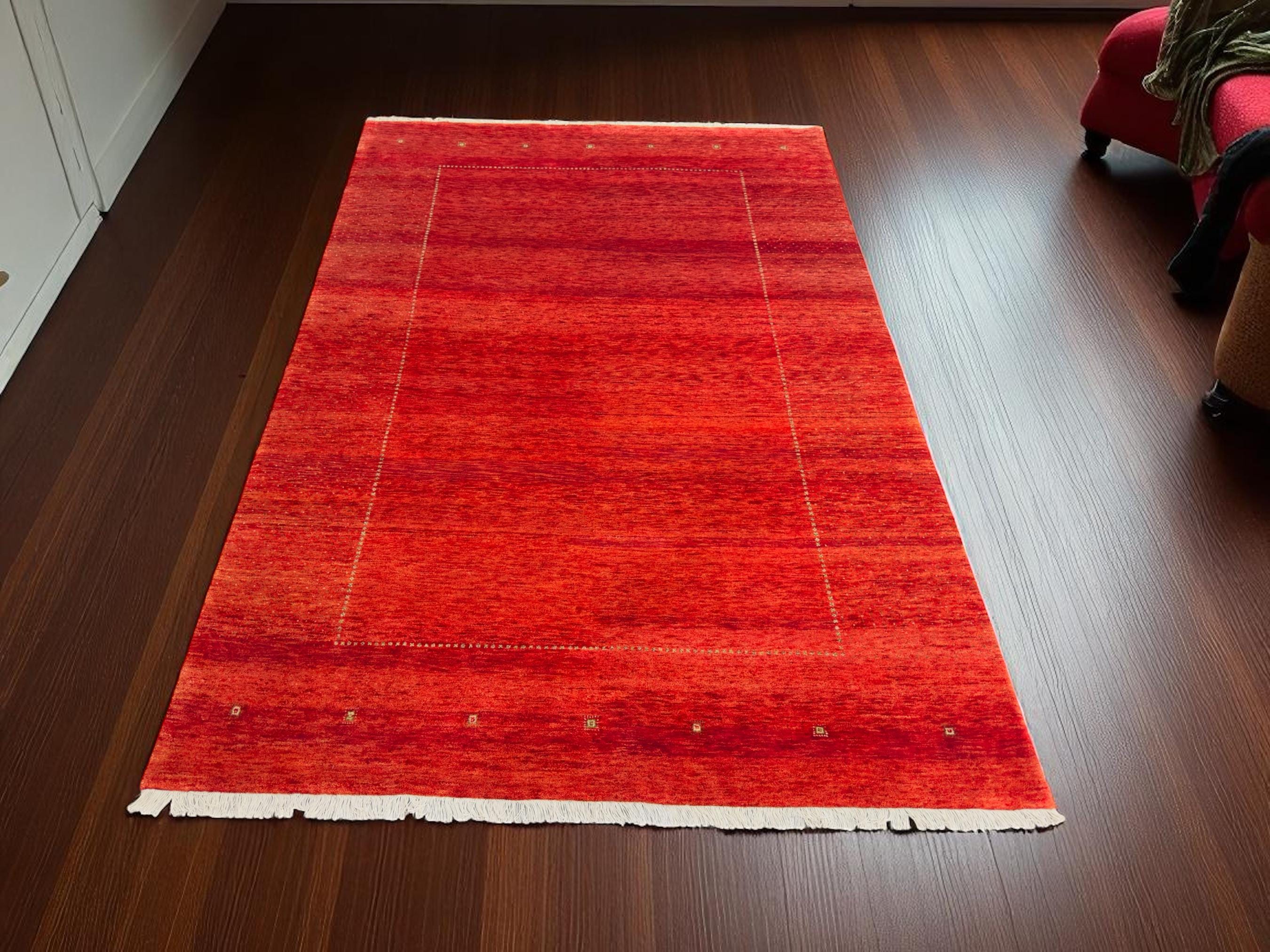 Hand-Knotted Lincoln Wool Rug: Red Gabbeh Style, 7'11" x 5'6"