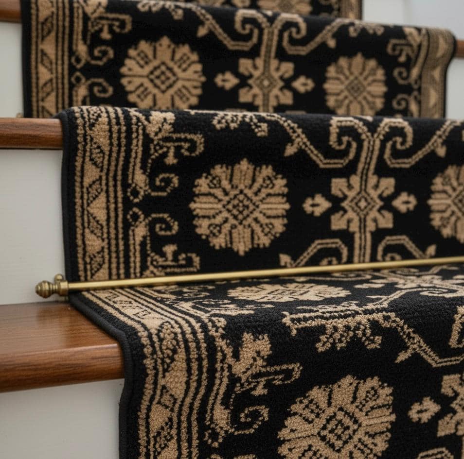 Hand-Knotted Wool Runner Rug, Black and Beige Floral Lattice, Oushak Quality