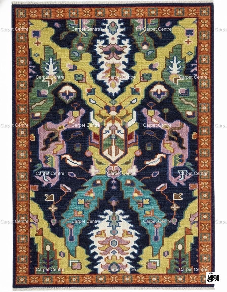 Navy Blue Oushak Rug, Hand-Knotted Wool, Geometric Boho Rug