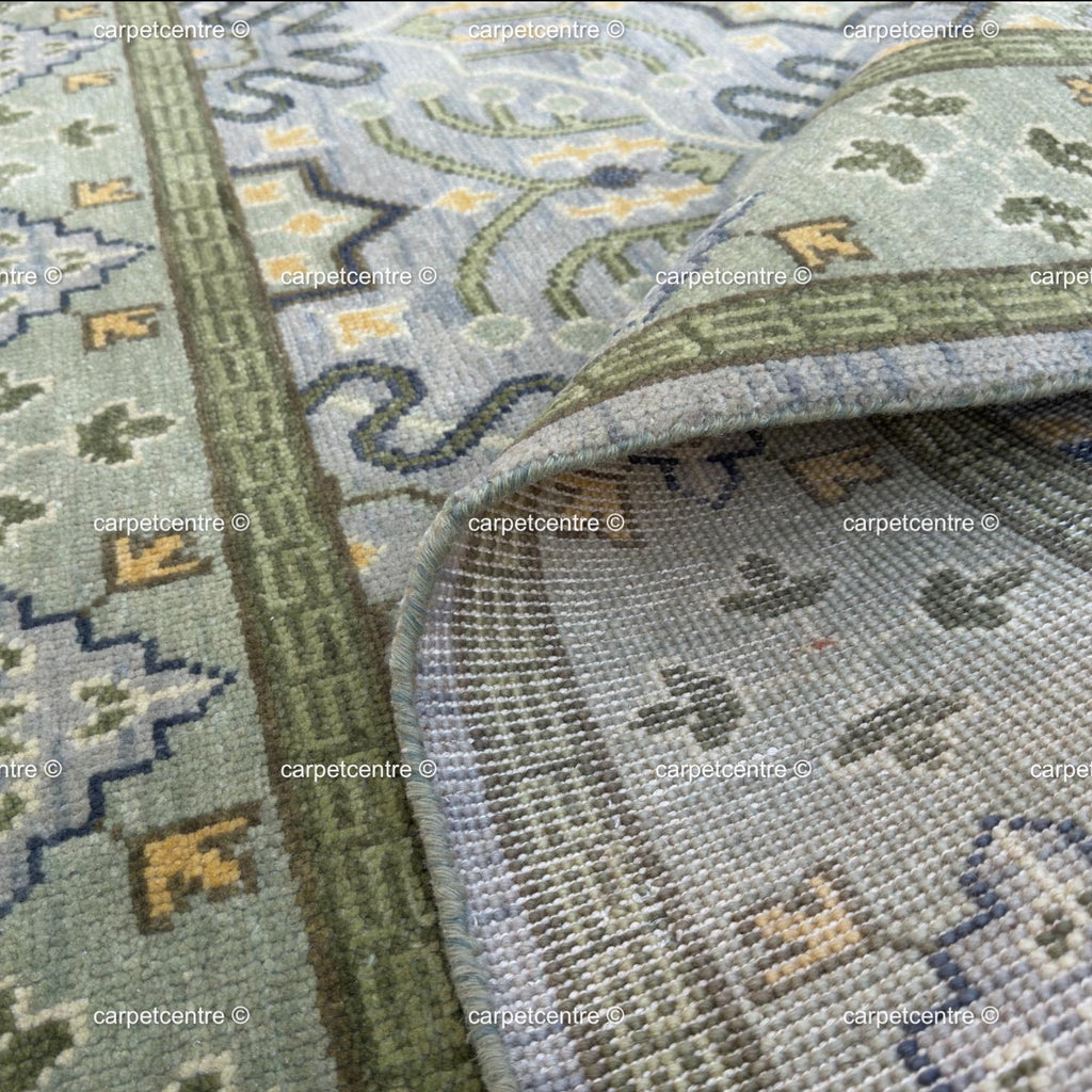 Hand Knotted Oushak Wool Rug | Sage Green Geometric Design