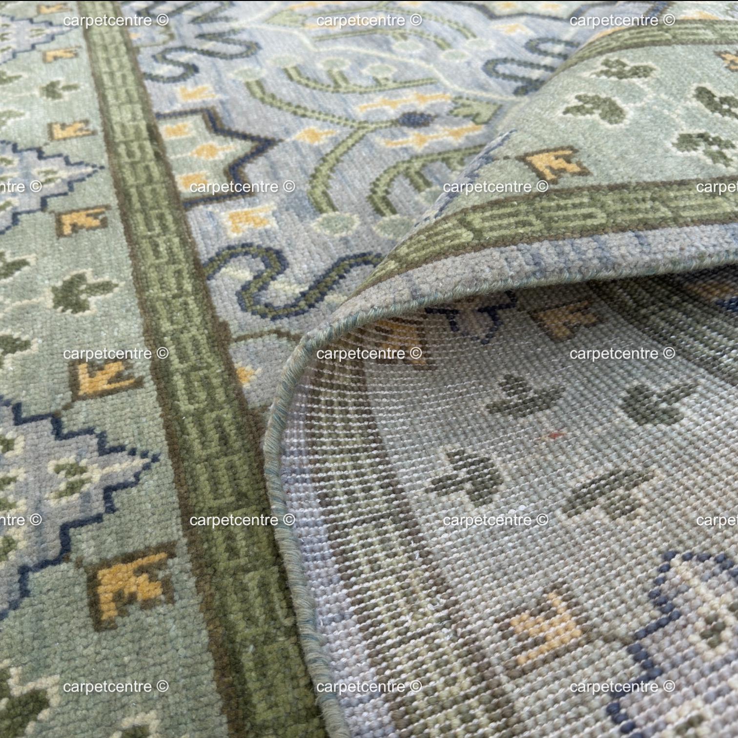 Hand Knotted Oushak Wool Rug | Sage Green Geometric Design