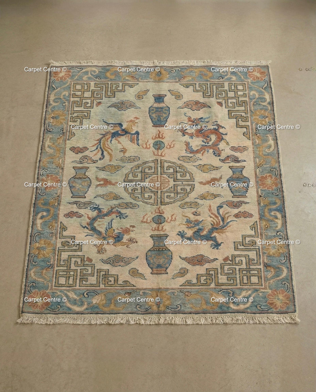 Hand Knotted Wool Rug, Beige Chinoiserie Dragon Phoenix Motif
