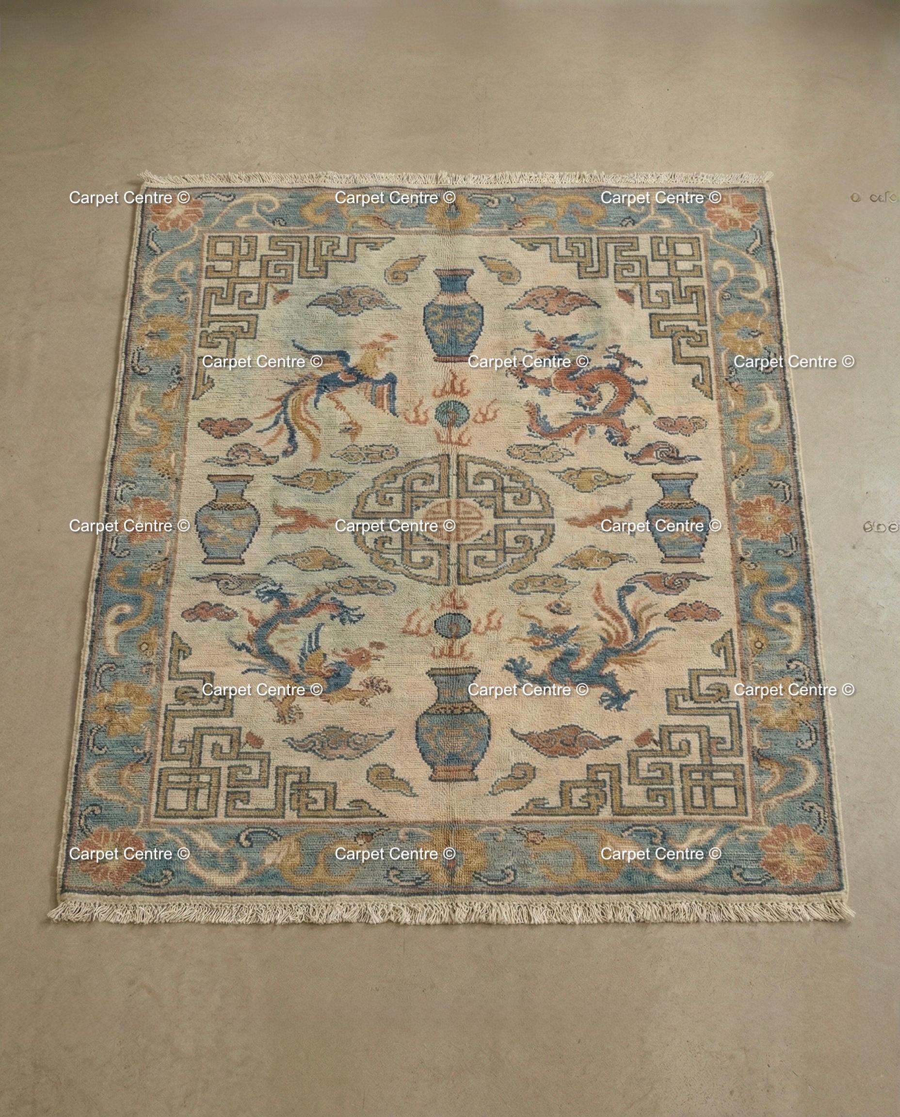 Hand Knotted Wool Rug, Beige Chinoiserie Dragon Phoenix Motif