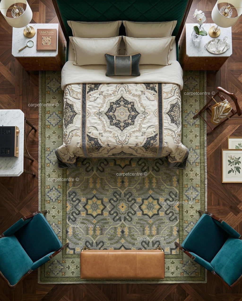Hand Knotted Oushak Wool Rug | Sage Green Geometric Design