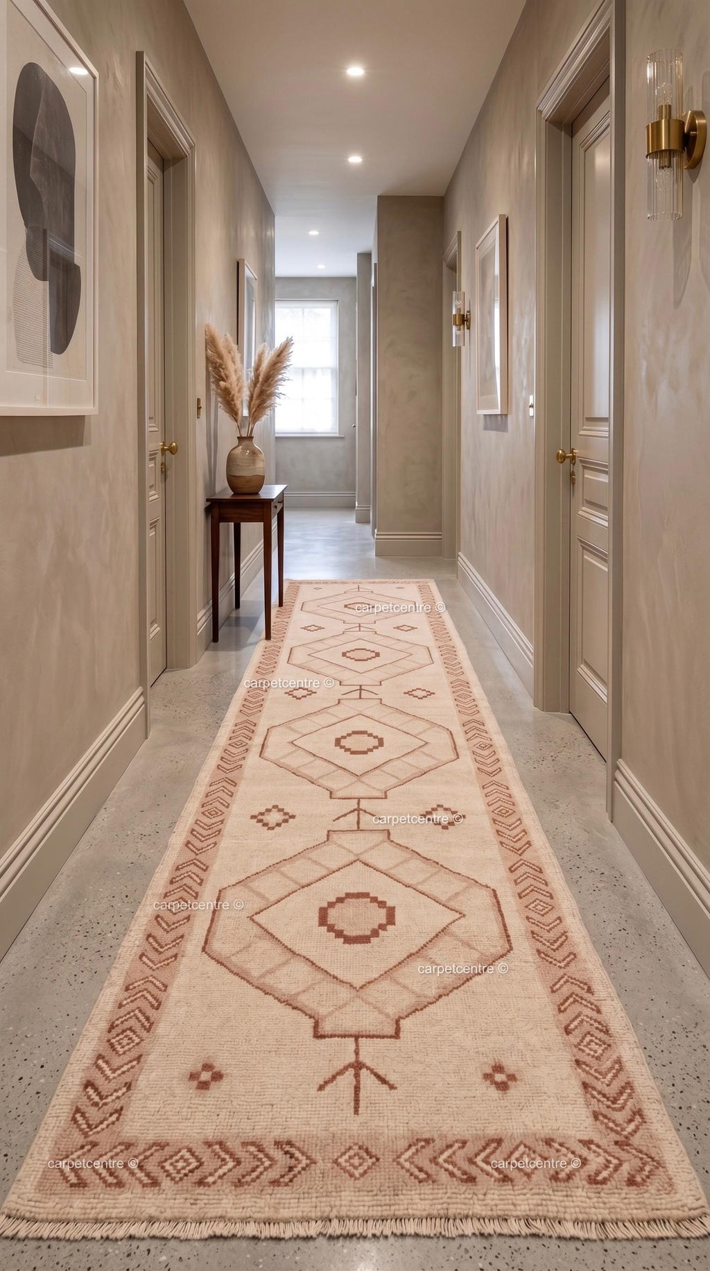 Hand-Knotted Wool Oushak Runner Rug, Geometric Medallion Hallway Carpet 3x10